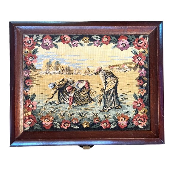 Vtg Wooden Jewelry Box Tapestry Top Yellow Velvet Lining Tray Mirror - Picture 4 of 10